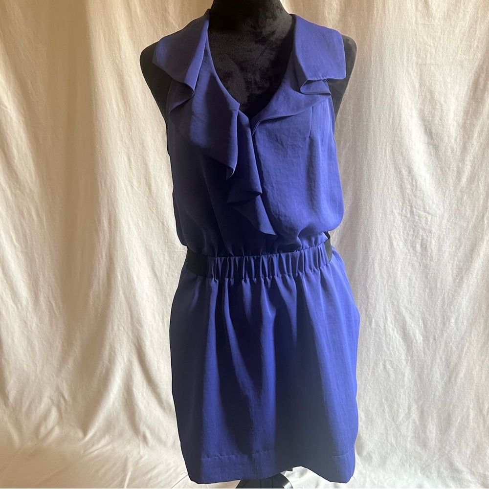 Y2K Rachel Roy Royal Blue Ruffle Pockets Dress Back Cutout Cocktail Retro Sz 12 - Picture 2 of 11